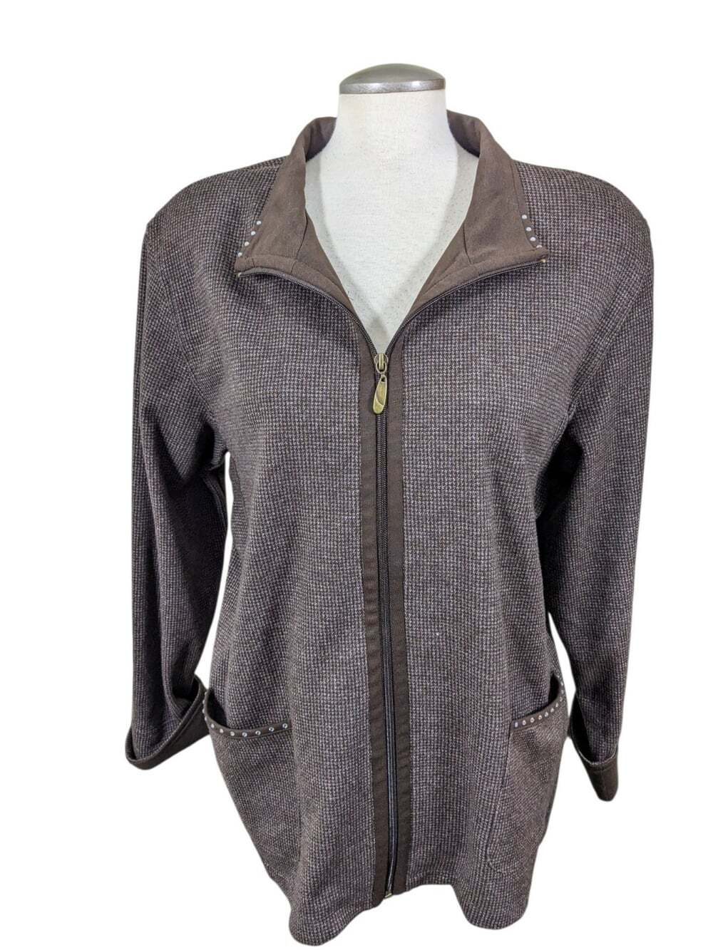 Alia Blazer Jacket Houndstooth Cotton Blend Tweed Brown Stretch Pockets Size XL